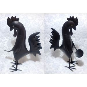 Vintage Hand Crafted Metal Steel Black Rooster Holding Spoon Figurine Farmhouse
